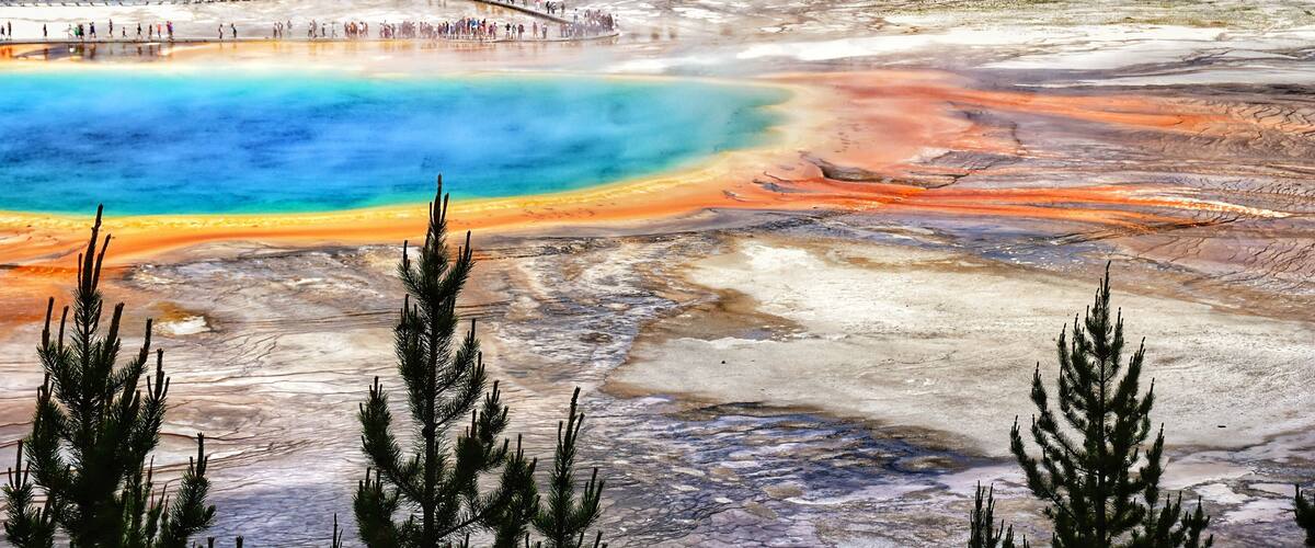 Spectacular panoramic views of Grand Prismatic Geyser in Yellowstone National Park, Wyoming Montana. Midway Geyser Basin. Great hiking. Summer wonderland to watch natural landscape. Geothermal.