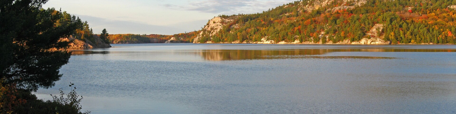 Ein ruhiger See mit einem bewaldeten Hügel im Hintergrund.