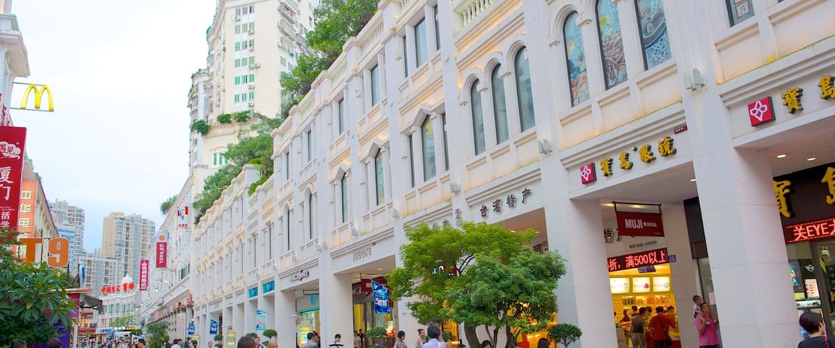 A busy street with pedestrians, shops, and a McDonald's sign.