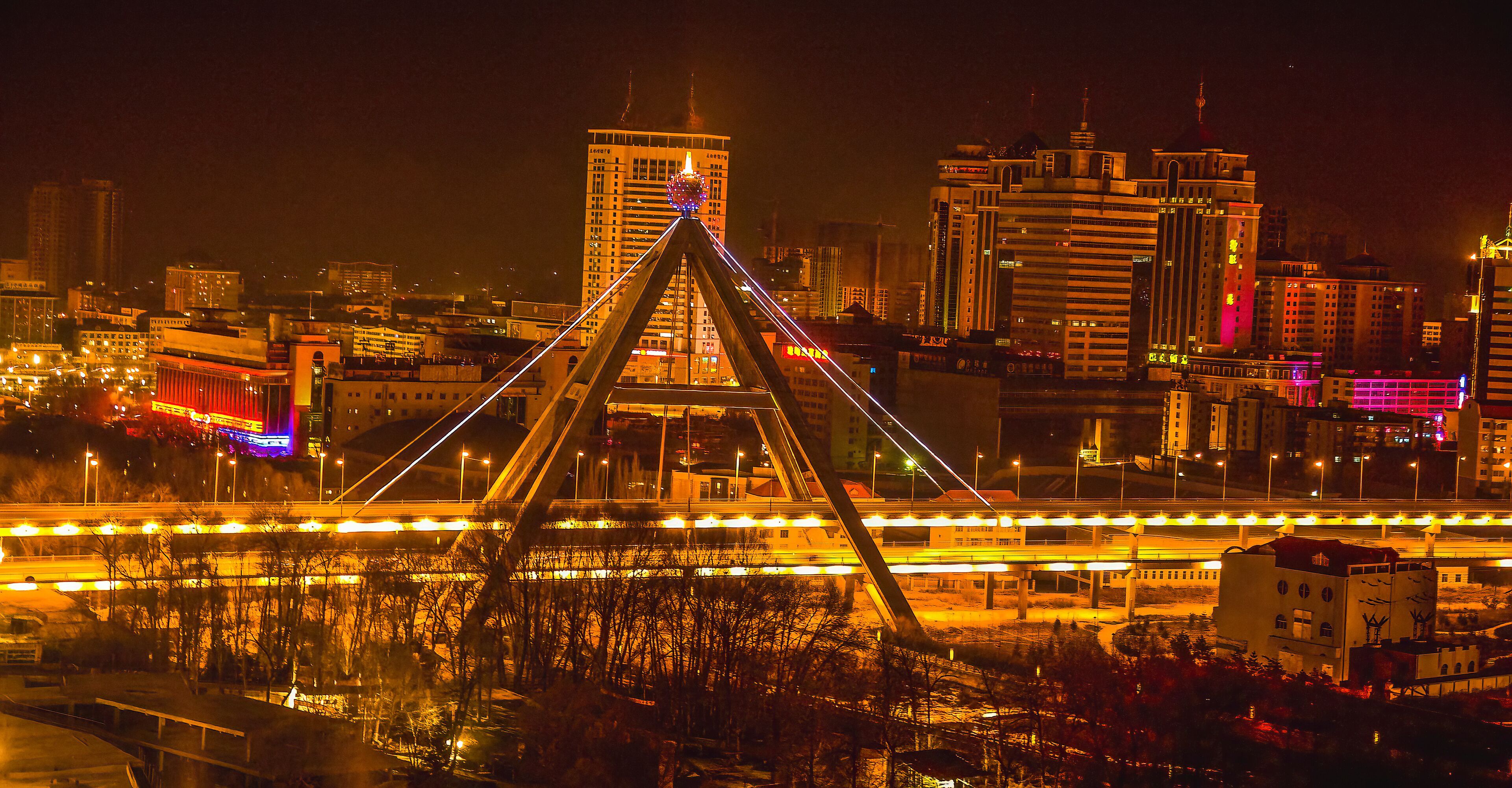 Night Shot Cityscape Bridge Xining City Qinghai Province China