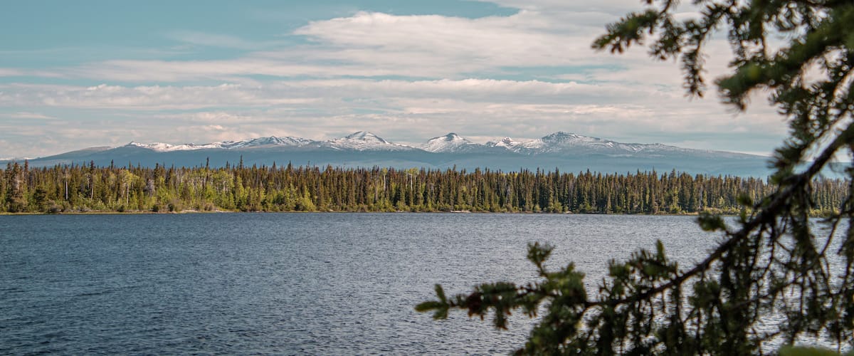 A lake with a forest and snow-capped mountains in the background.