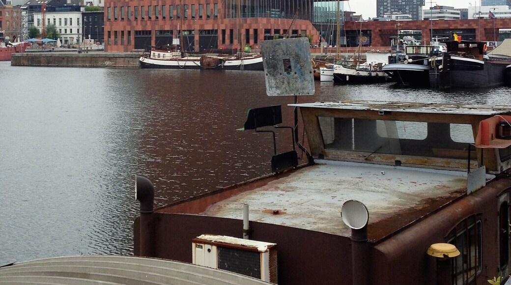 Visitors can ride escalators up to the roof terrace of MAS for panoramic views of Antwerp.