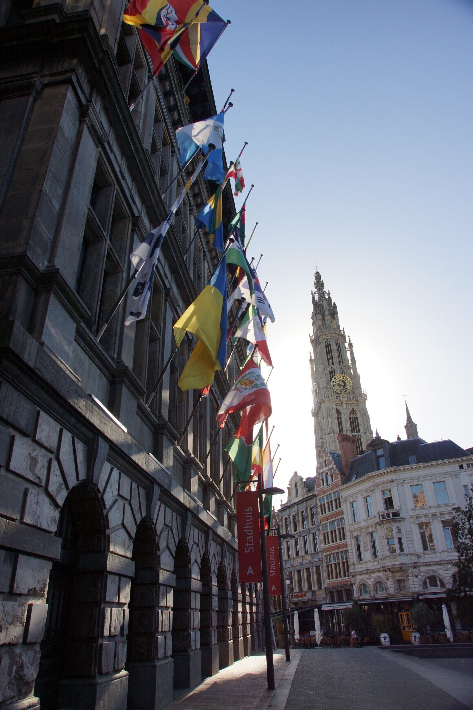 The Grote Markt in Antwerp is a beautiful square.  This is the side view of the City Hall (Stadhuis) with the Cathedral Spire behind the buildings.  I didn't go in on this visit, but I believe tours are available.  The Stadhuis also controls visits to the Cathedral Spire, so book here is you want to go up.  This only happen on Wedesdays and I was there on a weekend, so missed out on that too!  But perfect weather made for a lovely opportunity to sit in teh square at one of the many restaurants!