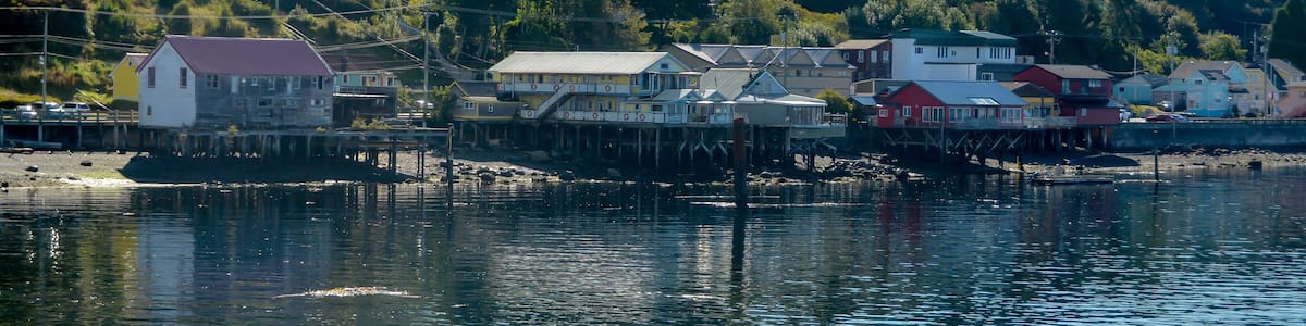 Waterfront village houses on stilts, Alert Bay, Cormorant Island, British Columbia, Canada