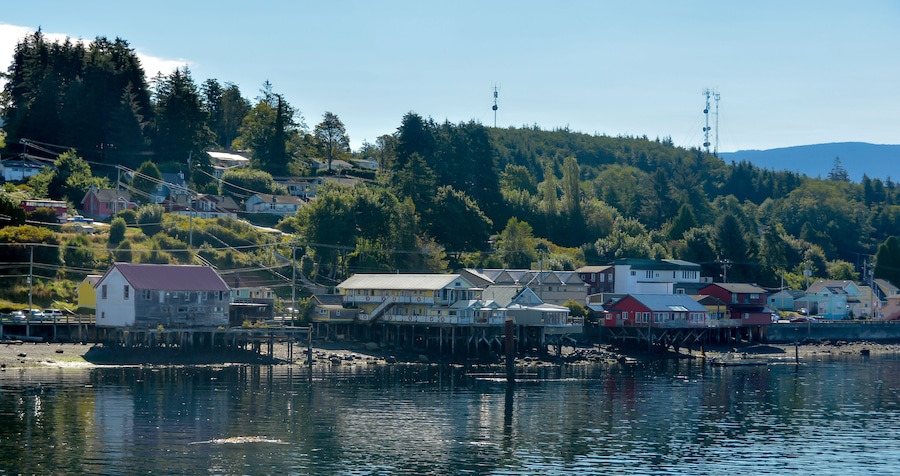 Waterfront village houses on stilts, Alert Bay, Cormorant Island, British Columbia, Canada