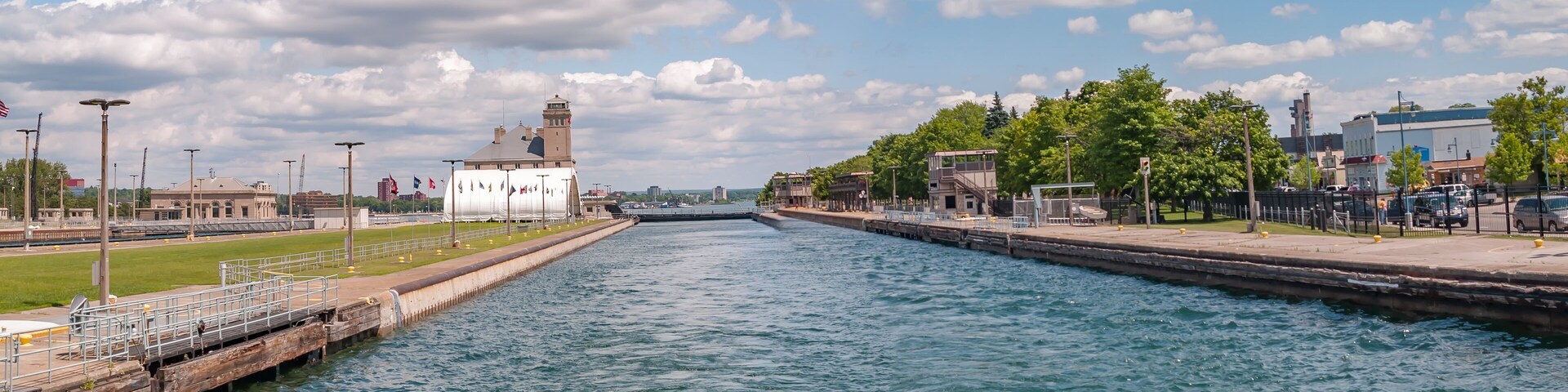 Soo Locks in the upper peninsula of Michigan as seen from a boat