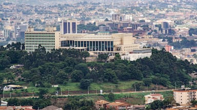 A cityscape with a prominent modern building surrounded by dense greenery and a mix of residential and commercial structures.