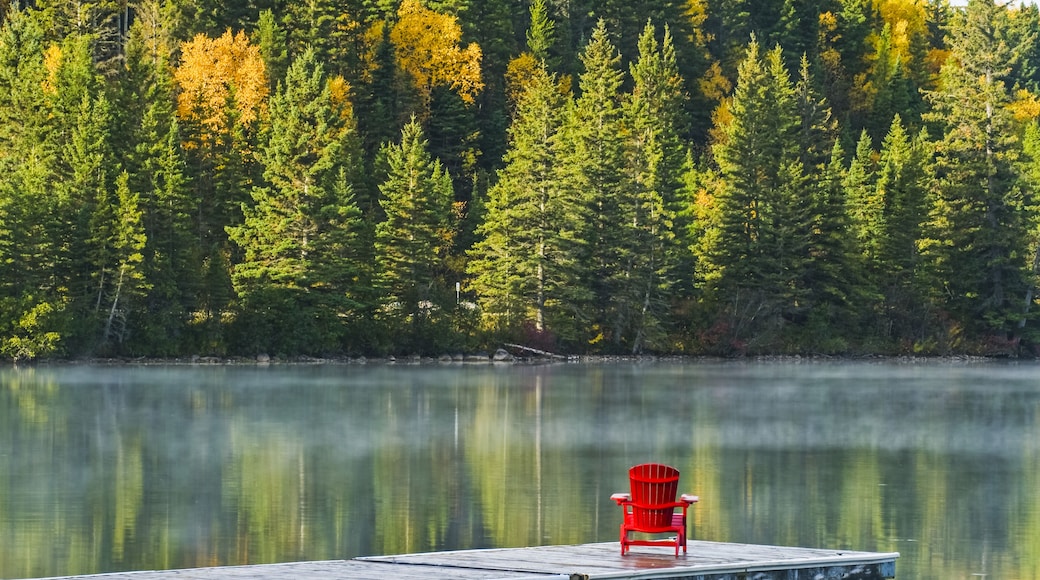 Muskoka chair on dock with autumn coloured foliage reflected in the tranquil lake water of Clear Lake, Riding Mountain National Park; Manitoba, Canada