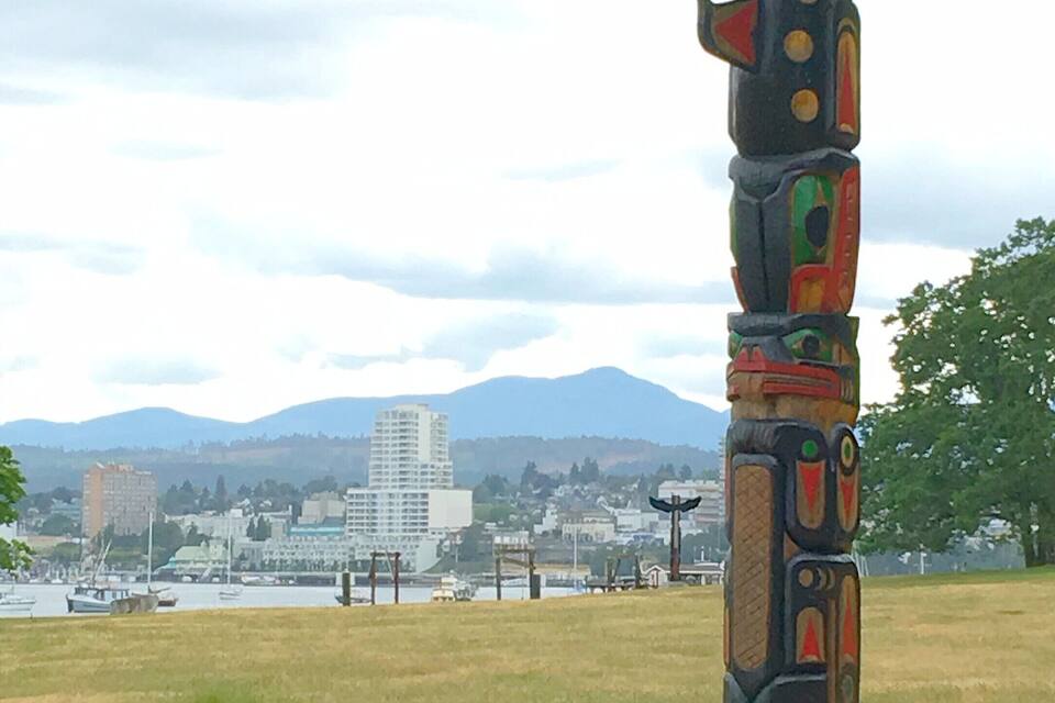 A totem pole in a grassy field with a cityscape and mountains in the background.
