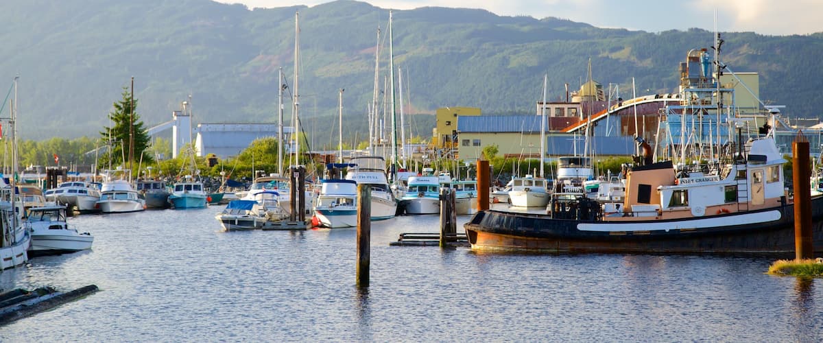 A marina with various boats docked, a large industrial building, and mountains in the background.