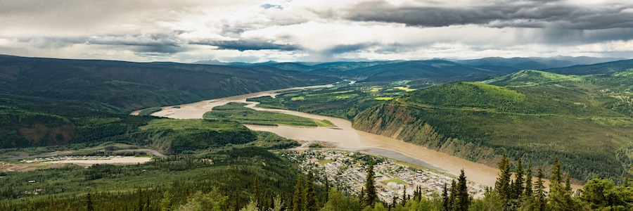 Panorama view Dawson City in northern Canada, Yukon Territory.  Summer in the beautiful arctic.
