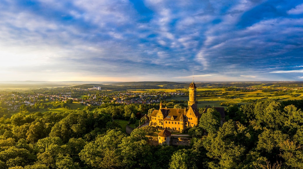 Germany, Bavaria, Bamberg, Helicopter panorama of Altenburg castle at summer sunset