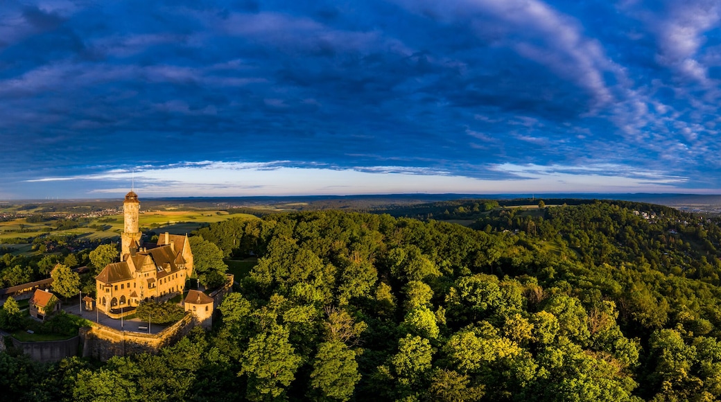Germany, Bavaria, Bamberg, Helicopter panorama of Altenburg castle at summer dusk
