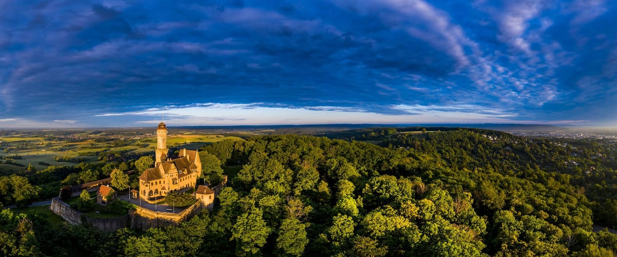 A castle surrounded by dense forest on a hill, with a town in the background and a cloudy sky.