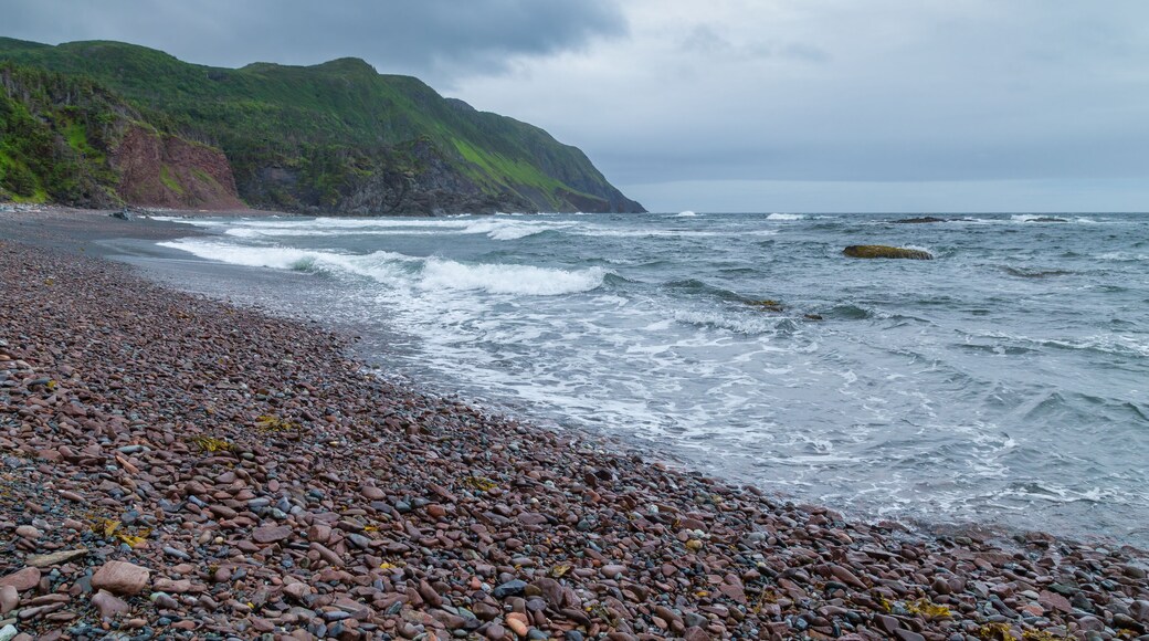 A rocky beach next to rough ocean water - Gros Morne, Newfoundland, Canada.
