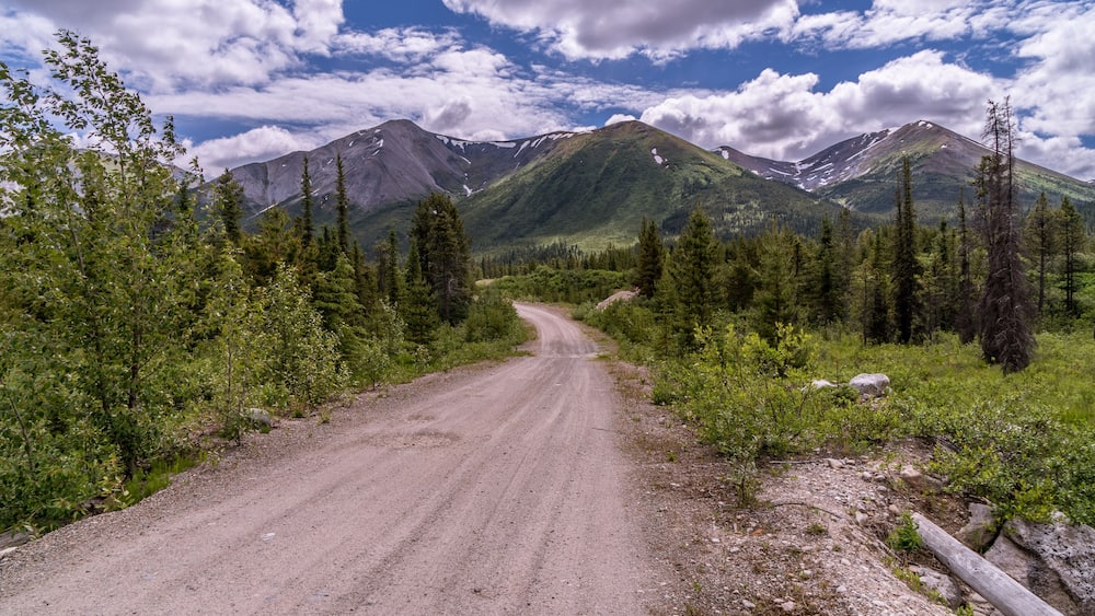 A gravel road winding through a forest with mountains in the background.