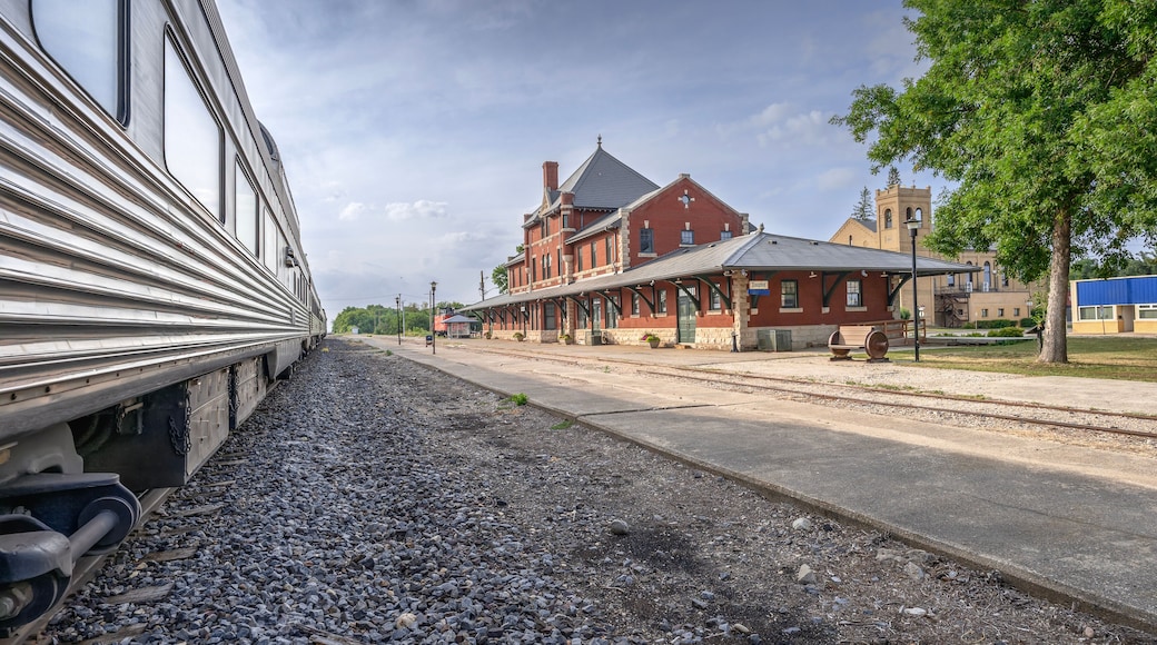Stationary passenger train at the historic Dauphin train station in Manitoba, Canada