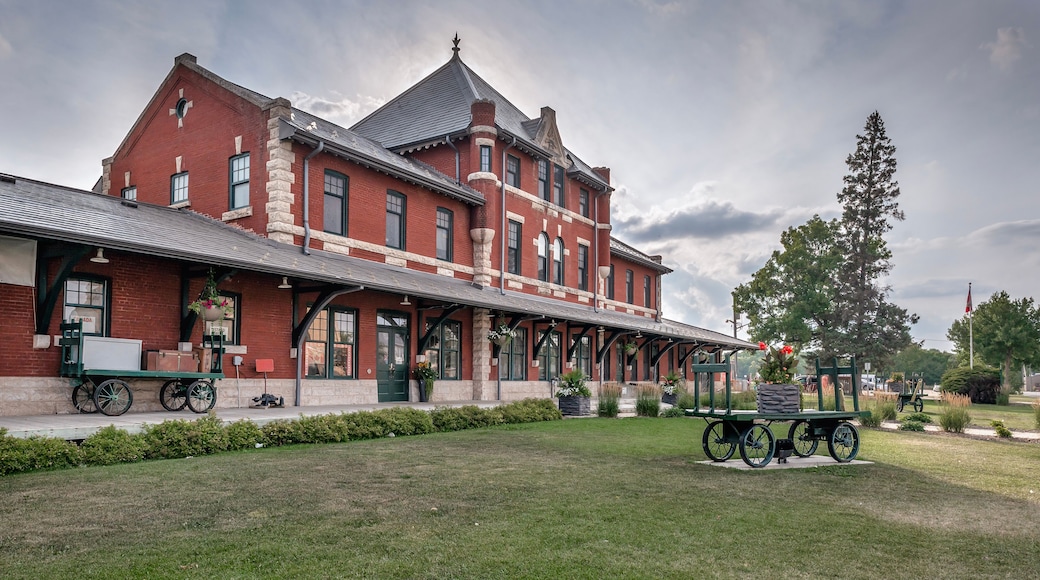 Exterior of the historic brick and limestone train station in the town of Dauphin, Manitoba, Canada