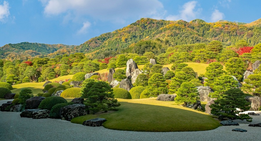 Un jardín ajardinado con árboles podados, rocas y una colina al fondo.