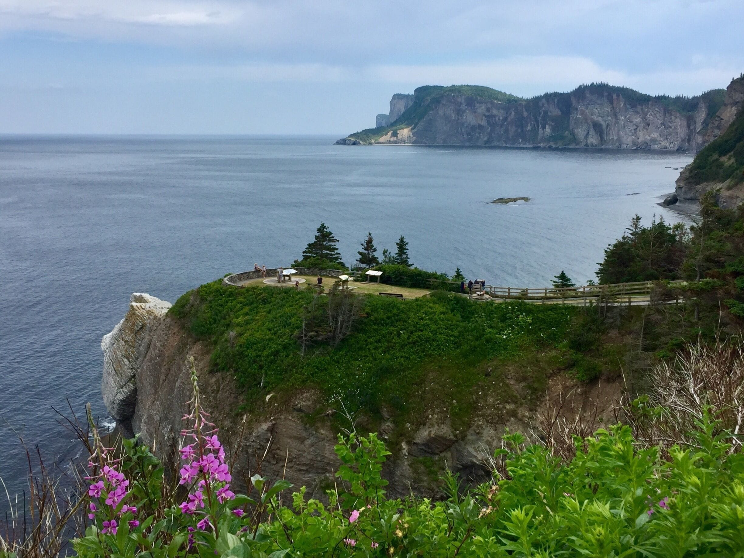 A coastal cliff with a viewing platform overlooking the sea.