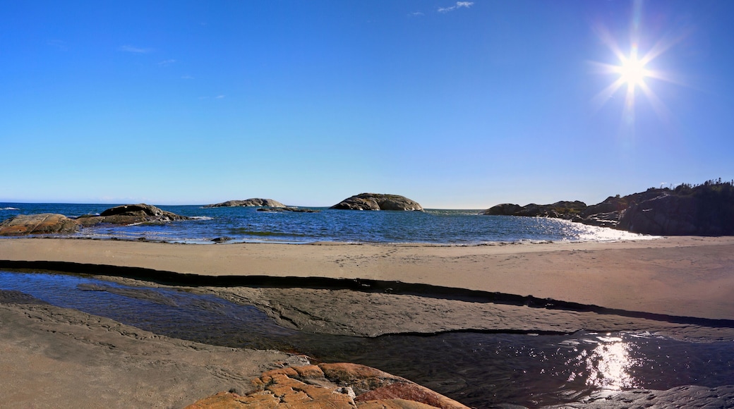 Una playa costera con afloramientos rocosos y aguas tranquilas.