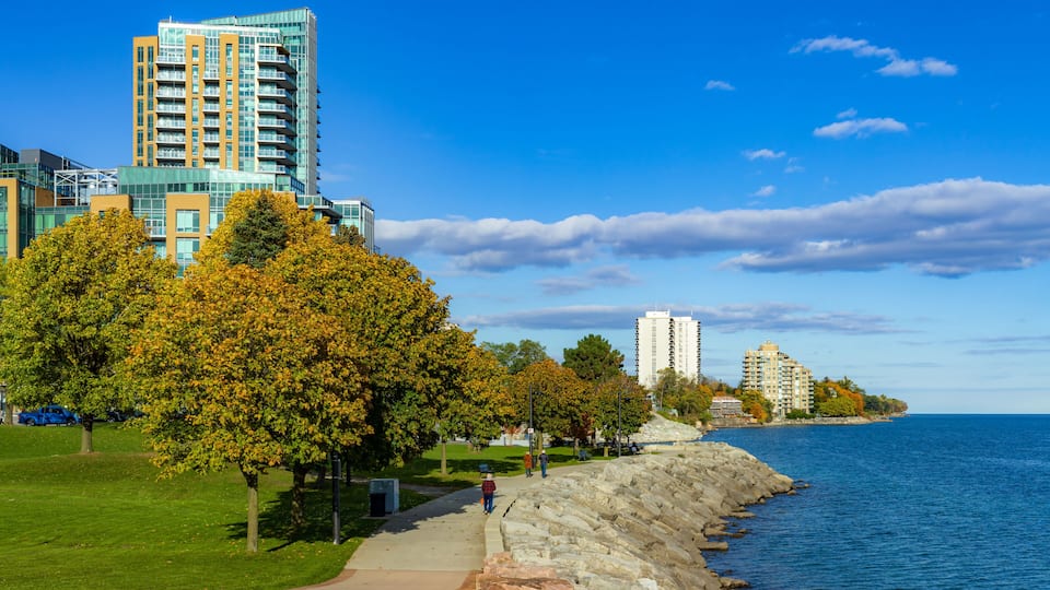 A waterfront promenade with a stone wall, autumn trees, and modern buildings.