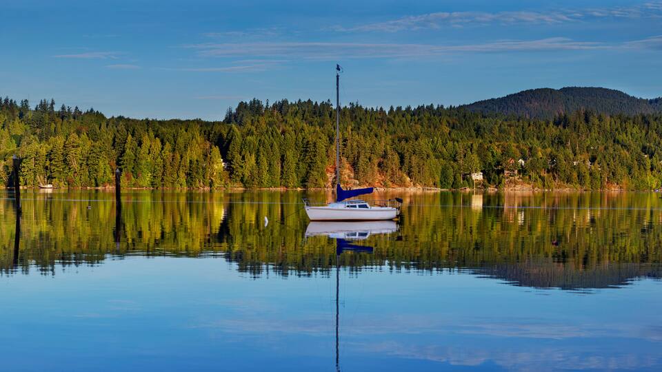 A calm lake with a boat, surrounded by dense forest and a mountain in the background.