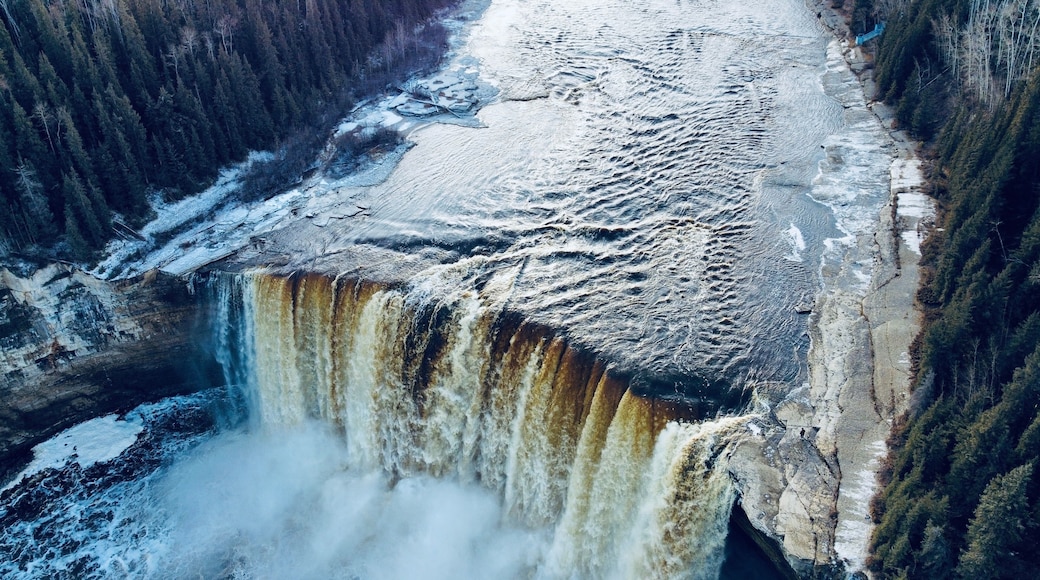 Aerial drone view of Alexandria falls near Hay river, Northwest Territories, Canada.