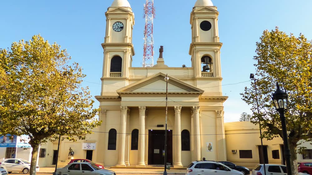 Paso de los libres, Argentina - Circa April 2018: A view of San Jose Parish at Plaza Independencia (Independence Square)