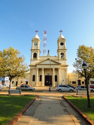 Paso de los libres, Argentina - Circa April 2018: A view of San Jose Parish at Plaza Independencia (Independence Square)