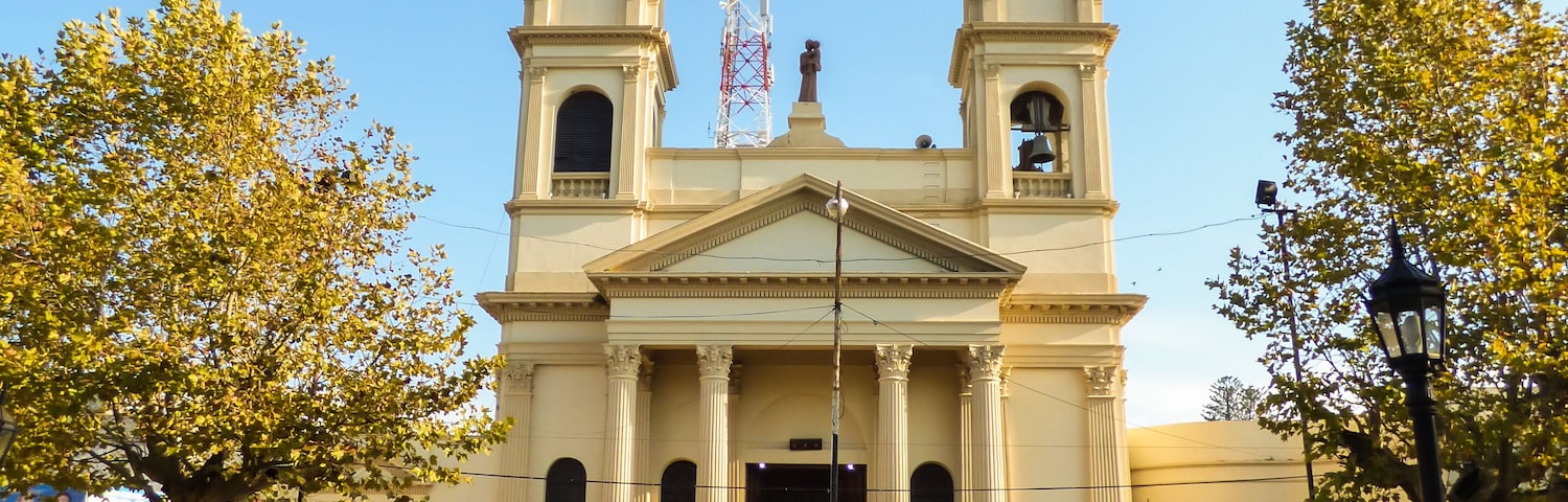 Paso de los libres, Argentina - Circa April 2018: A view of San Jose Parish at Plaza Independencia (Independence Square)