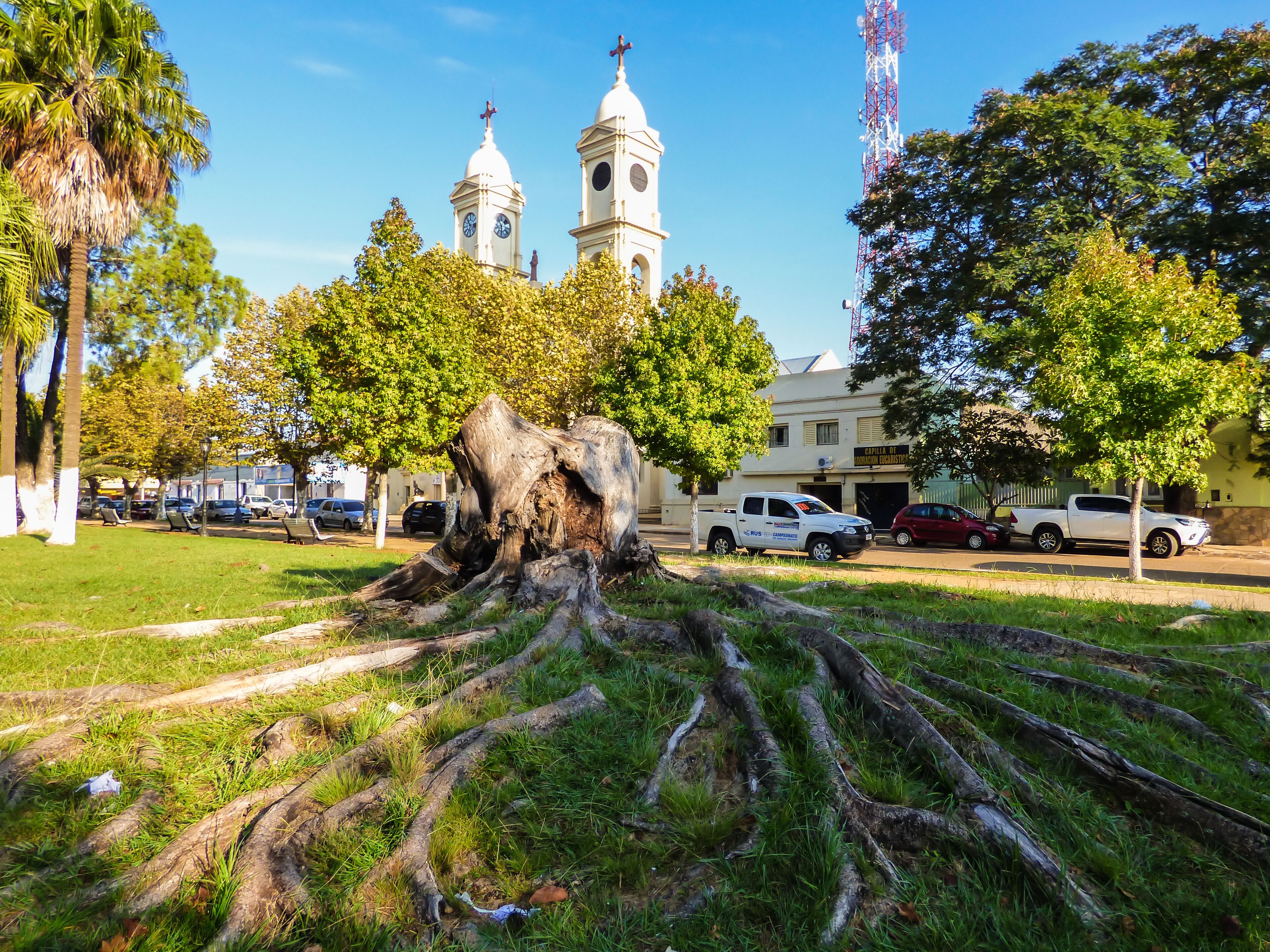 Paso de los libres, Argentina - Circa April 2018: A view of Plaza Independencia (Independence Square), San Jose Parish in the background