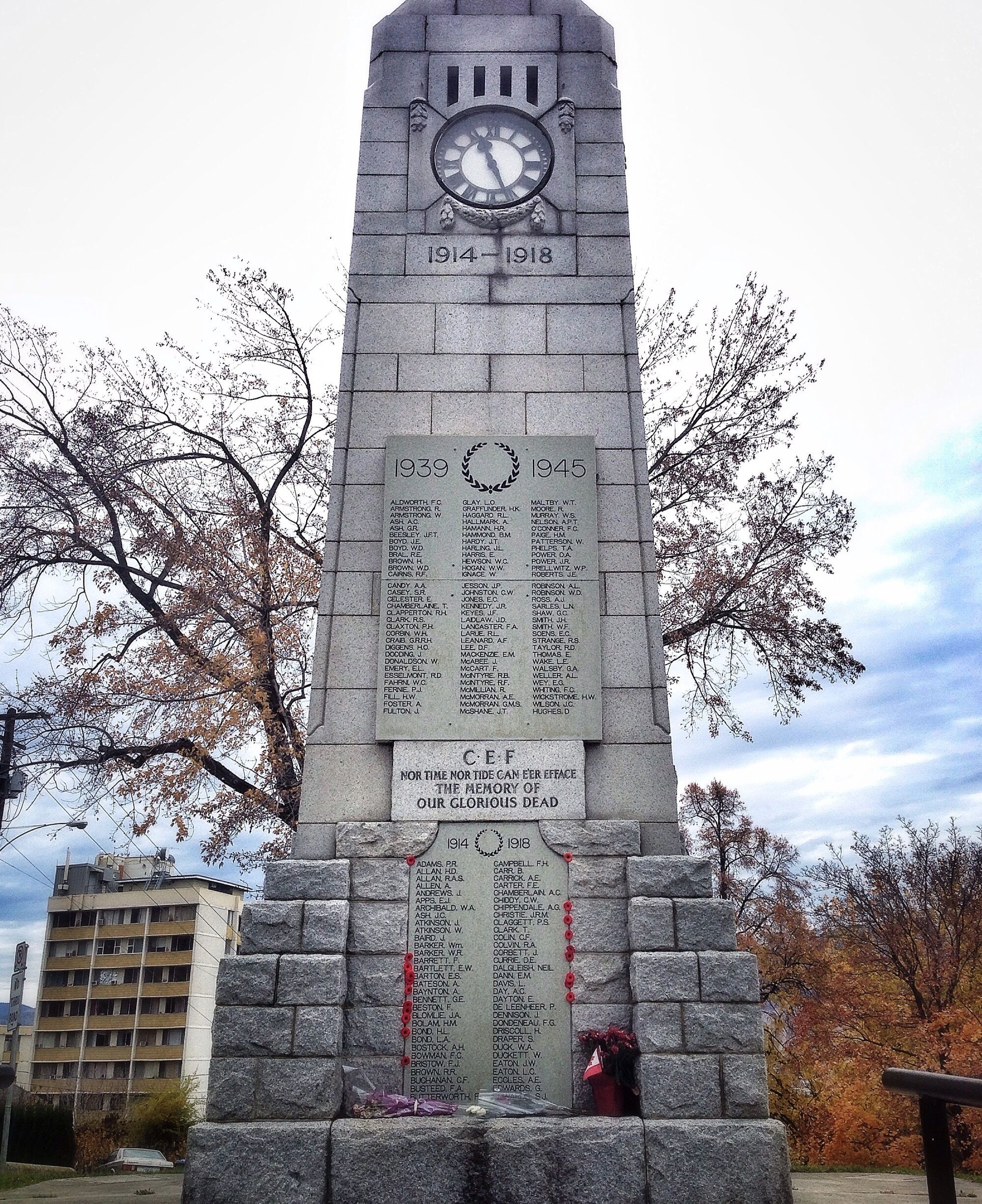 Yesterday I came across a memorial on my walk and thought I'd pay my respects. 

This Kamloops Remembrance Day memorial was constructed in 1925.

The information below is what I learned about this particular memorial.

"A Ladies' Auxiliary to the Great War Veterans Association was started in 1919 to aid the club and to choose a memorial to war veterans.

The auxiliary held bazaars and other fund-raising affairs to raise money for this purpose. It was decided by them to have a clock as part of the memorial.

Location of the Memorial was a matter of much discussion for several years. In June 1923, a plebiscite was held, the majority favouring a site in the 400-block,"

To read more: https://www.cdli.ca/monuments/bc/kaml.htm
