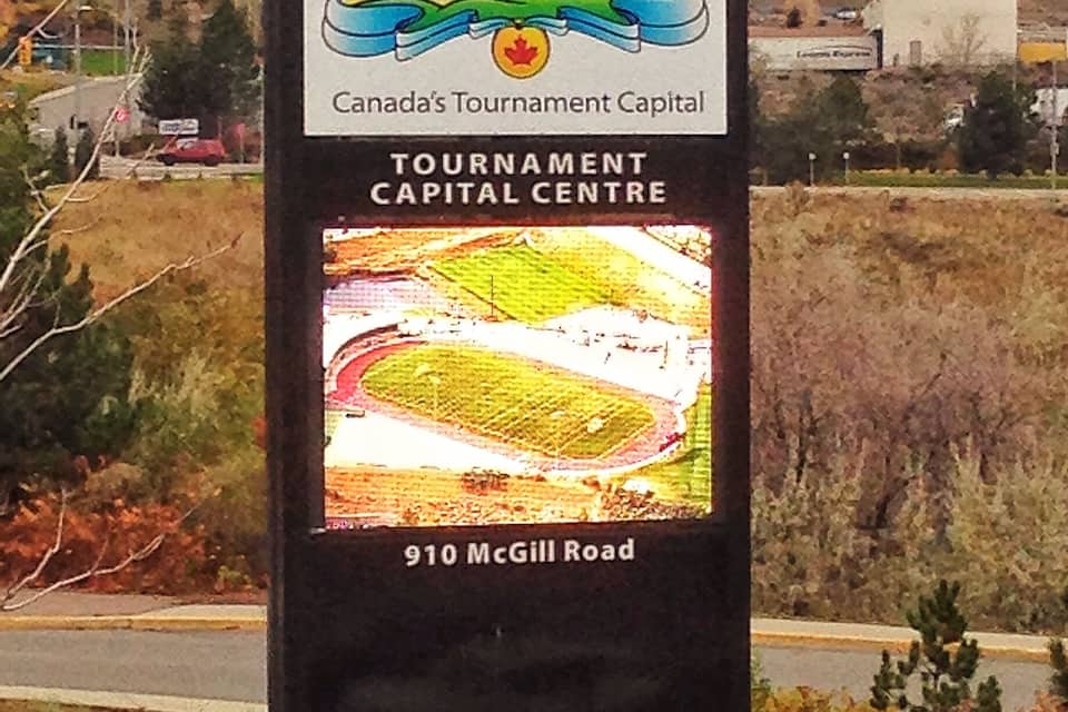 A sign for Kamloops Tournament Capital Centre at 910 McGill Road.