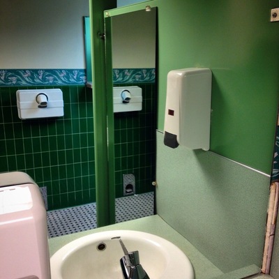 Interesting bathroom decades design clash at Yakima city hall. 
Also, foot operated hand dryers!