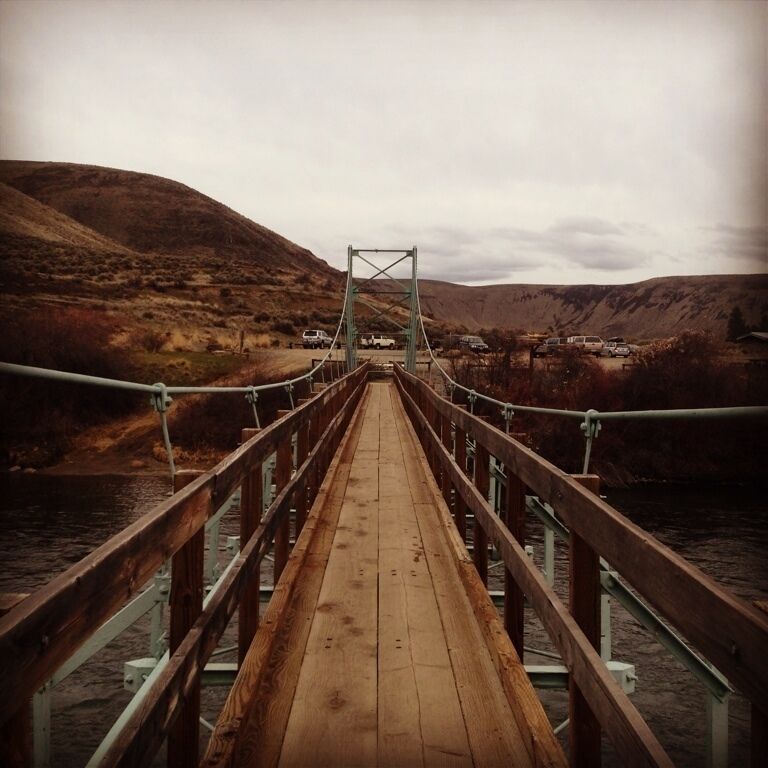 This bouncy suspension bridge took us over the Yakima River, making for a nice start to an excellent winter desert hike. There was a bit of snow on the trail but that didn't stop us from hunting for the remains of an old homestead and the apple orchard that served it.

We didn't see much wildlife other than the raptors that circled high above, although we understand that there are big horn sheep that live in the area. We'd like to come back when the wildflowers are out.
