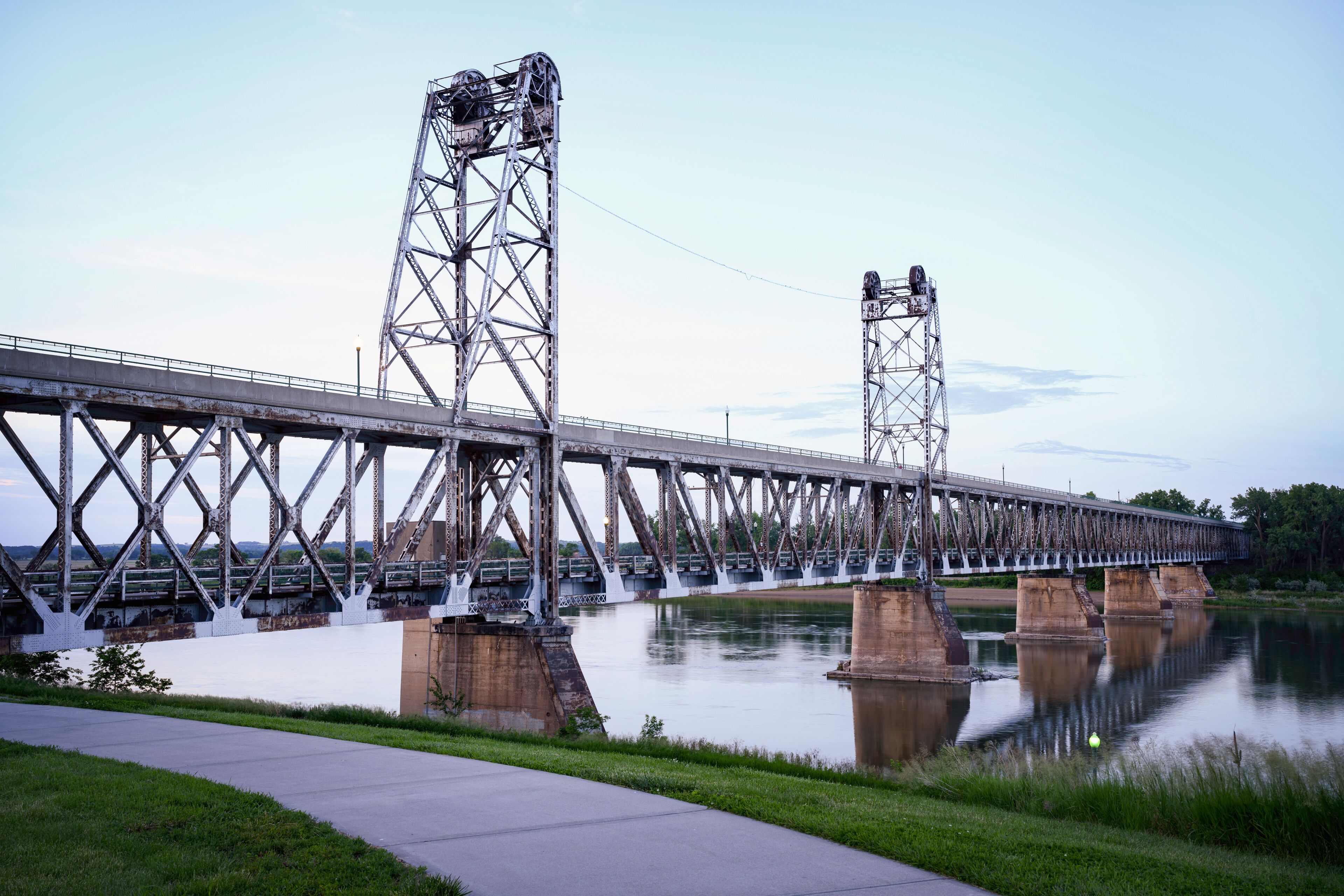 The Meridian Bridge across the Missouri River in Yankton: The Signature Landmark 3,013 feet long double-deck bridge, opened in 1924, connecting Nebraska and South Dakota