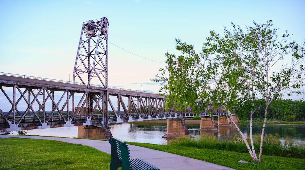 The Meridian Bridge across the Missouri River in Yankton: The Signature Landmark 3,013 feet long double-deck bridge, opened in 1924, connecting Nebraska and South Dakota