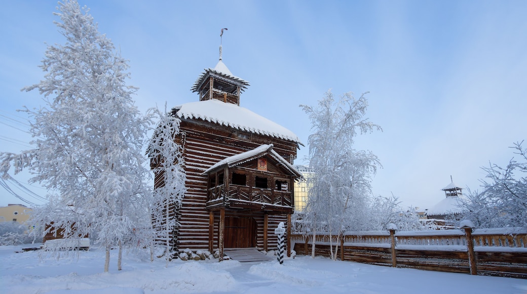 Yakutsky Ostrog, Yakutsk, Republic of Sakha (Yakutia), Russia. Wooden fortress tower, recreated on the territory of the historical and architectural complex "Old Town" in the center of Yakutsk. Winter