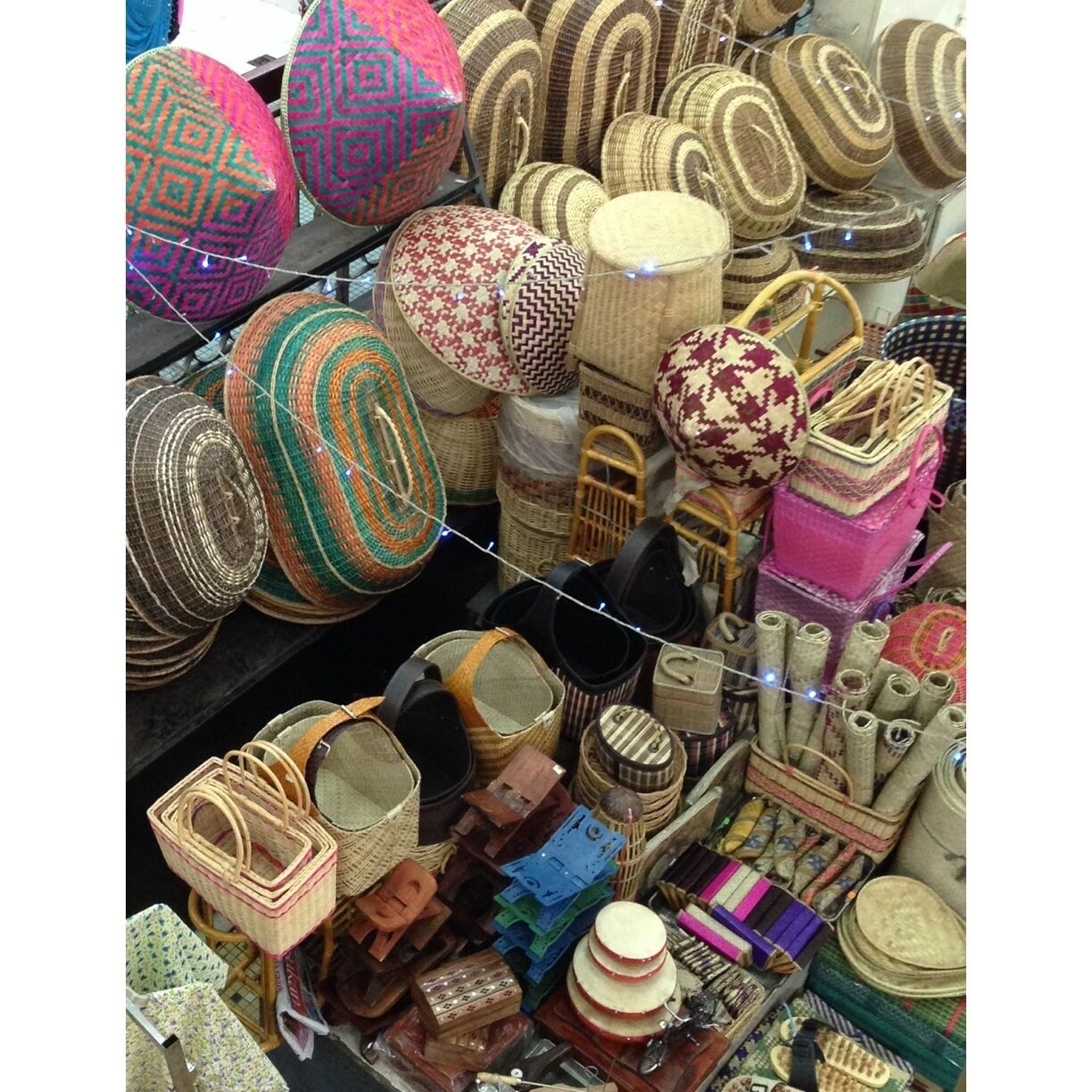 A variety of woven baskets and containers in different shapes and colors.