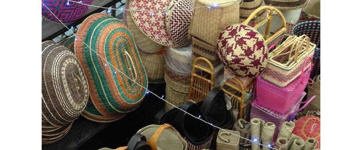 A variety of woven baskets and containers in different shapes and colors.