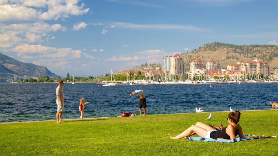 A lakeside park with people relaxing on the grass, a sailboat in the water, and buildings in the background.