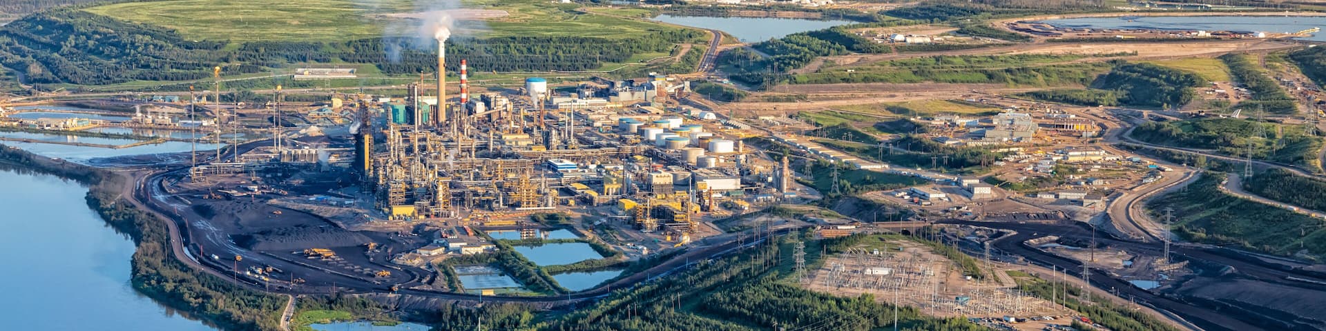 Aerial Panoramic Canadian Oil Refinery Athabasca river Alberta