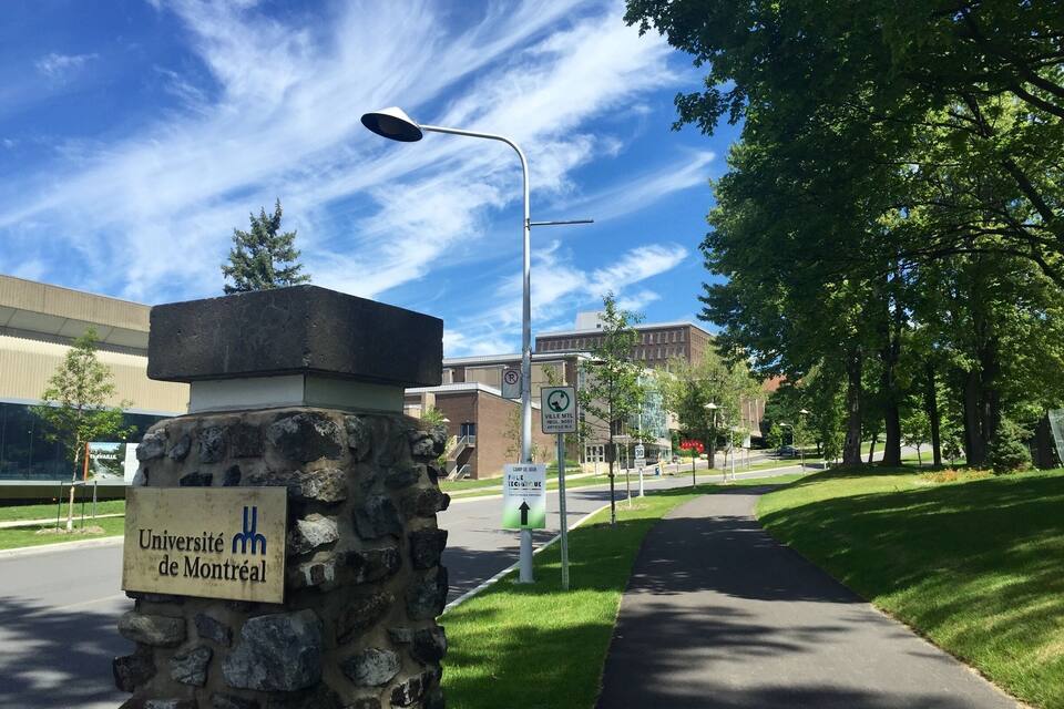 Un monument de pierre portant une plaque indiquant « Université de Montréal », un lampadaire et un ciel bleu dégagé.