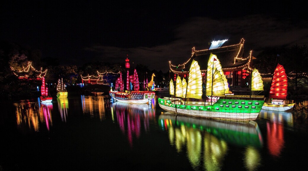 At Montreal Botanic Garden.
The gardens are lit up with multicolored lanterns at dusk, from September to October during Gardens of Light event.