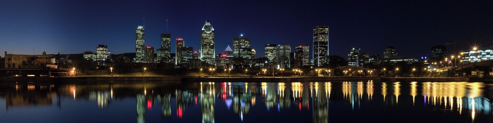 Beautiful view on Montreal Skyline from Lachine Canal.