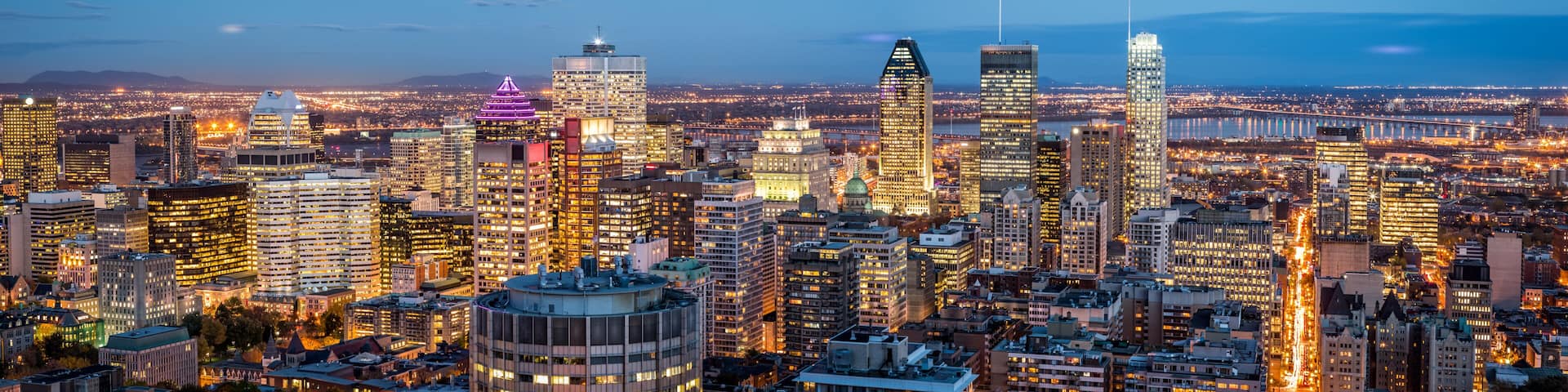Montreal panorama at dusk as viewed from the Mount Royal