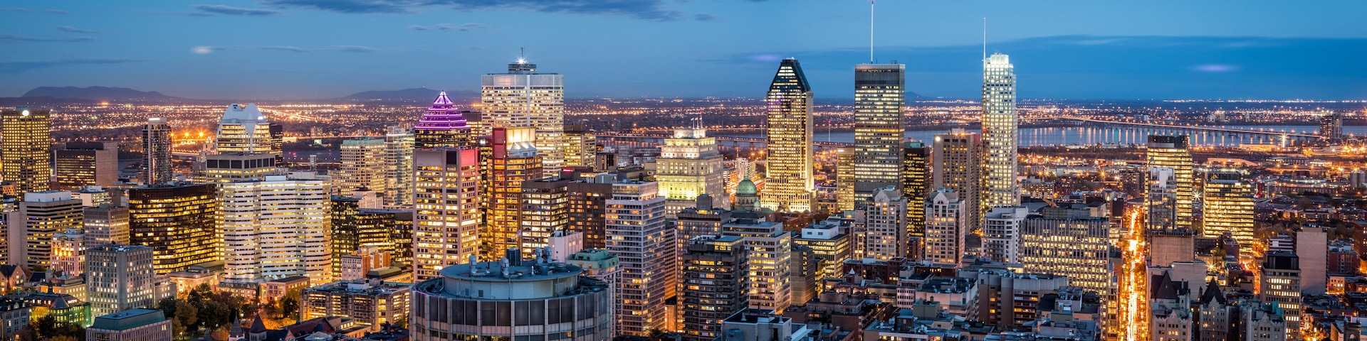 Montreal panorama at dusk as viewed from the Mount Royal