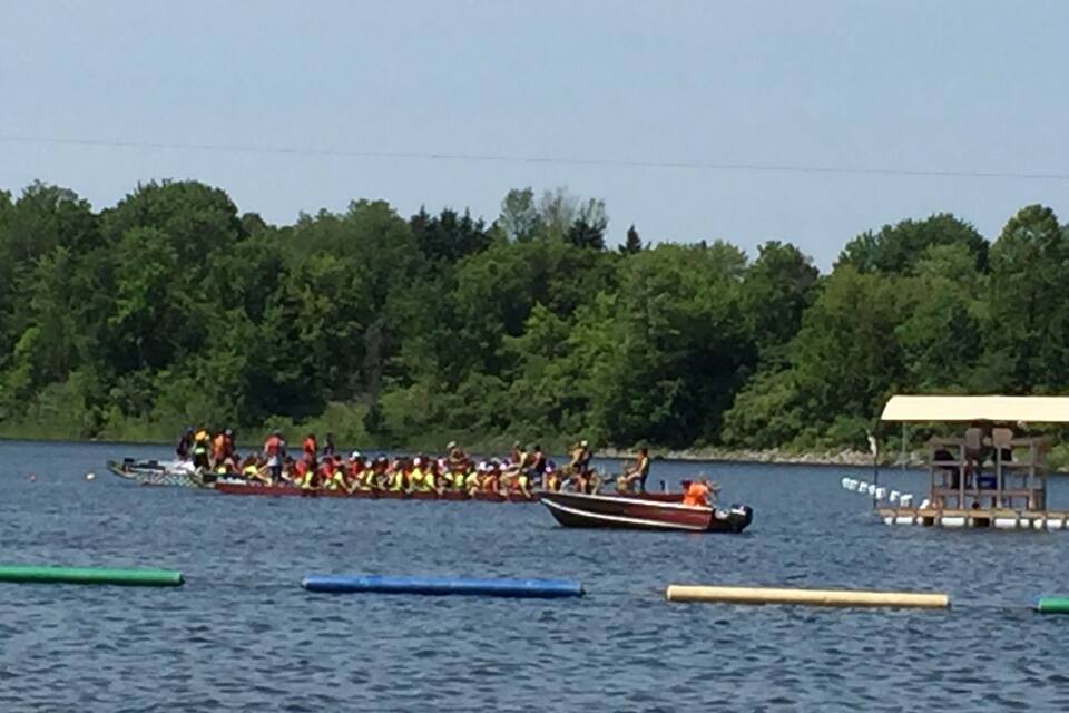 A group of people rowing a long boat on a lake, surrounded by trees and floating docks.