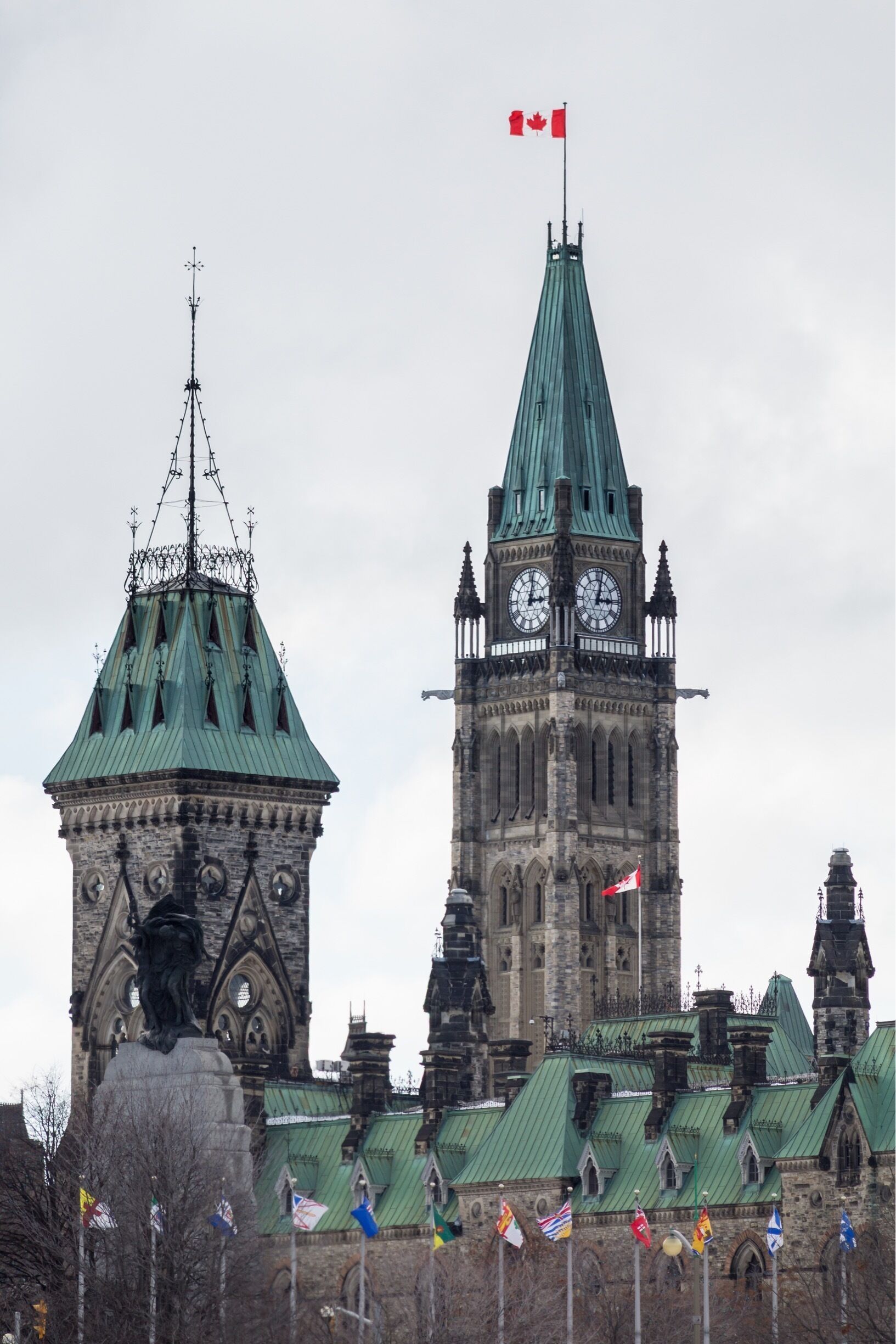 Peace Tower of Parliament Hill viewed from the Rideau Canal Skateway.

